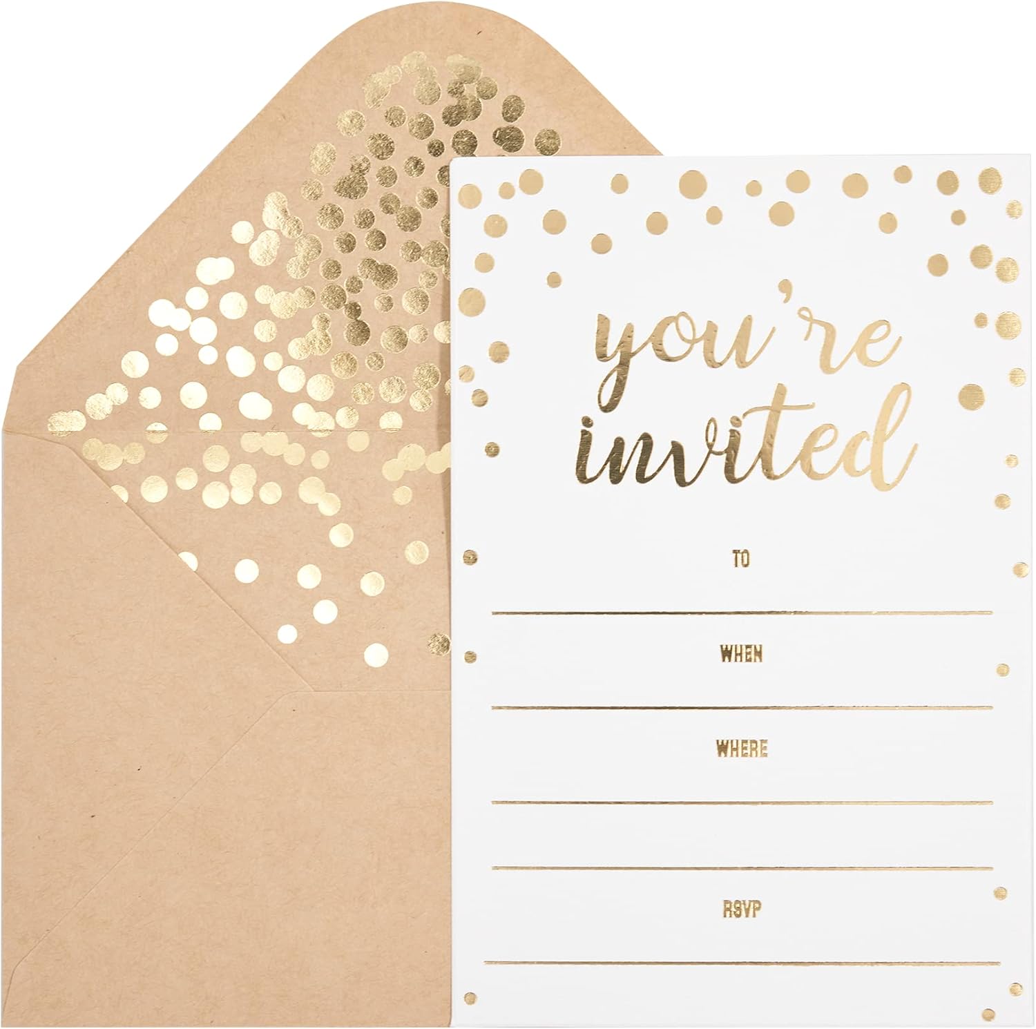 Partay Shenanigans gold foil invitation cards front view showing elegant embossed text and white textured paper.