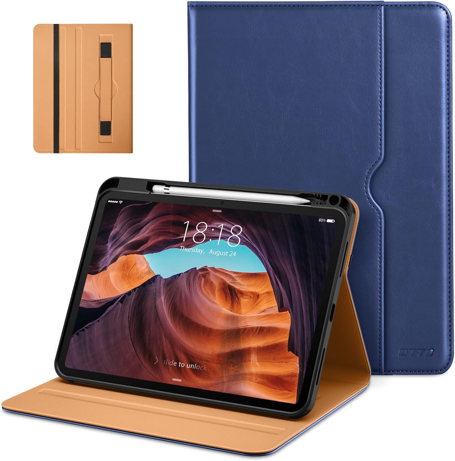 DTTO iPad 10th Generation premium leather business folio case front view navy blue cover