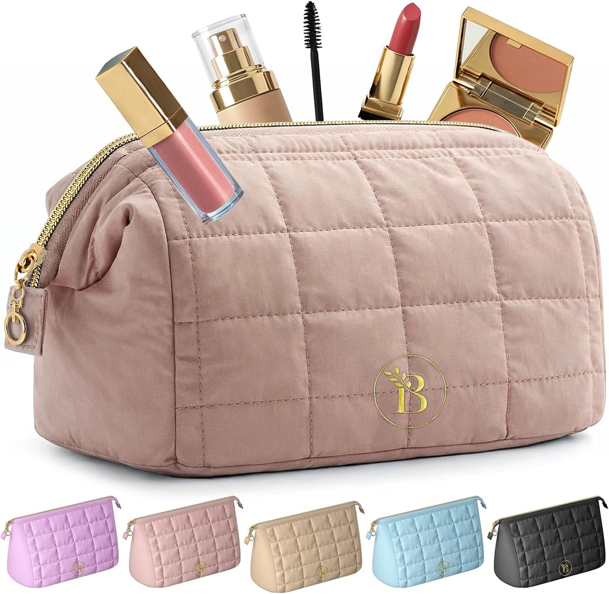 BLOOMORA Quilted Pink Makeup Bag for Women, Travel Toiletry Bag with Wide-Open Top & Zipper Pouch, Travel Makeup Case Organizer with Internal Pockets, Puffy Cosmetic Pouch for Everyday Essentials - Image 9