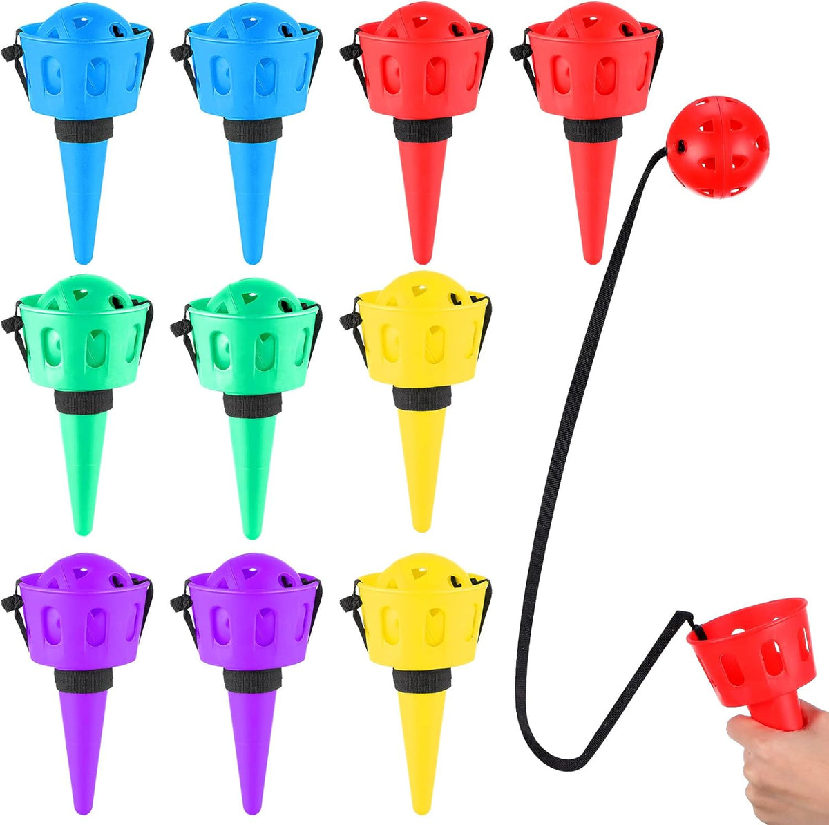 Gerrii 10 Pieces Throw and Catch Ball Set front view displaying multiple colorful cups and attached strings.