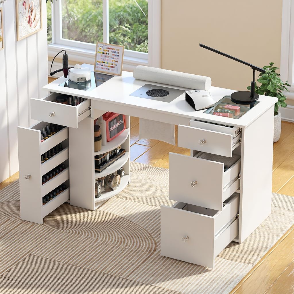 Manicure Table for Nail Tech with Glass Top, Visible Drawers & Trash Bag Holder, Acetone-Resistant Manicure Nail Desk, Beauty Salon Workstation with Wrist Rest & Electric Dust Collector (White) - Image 1