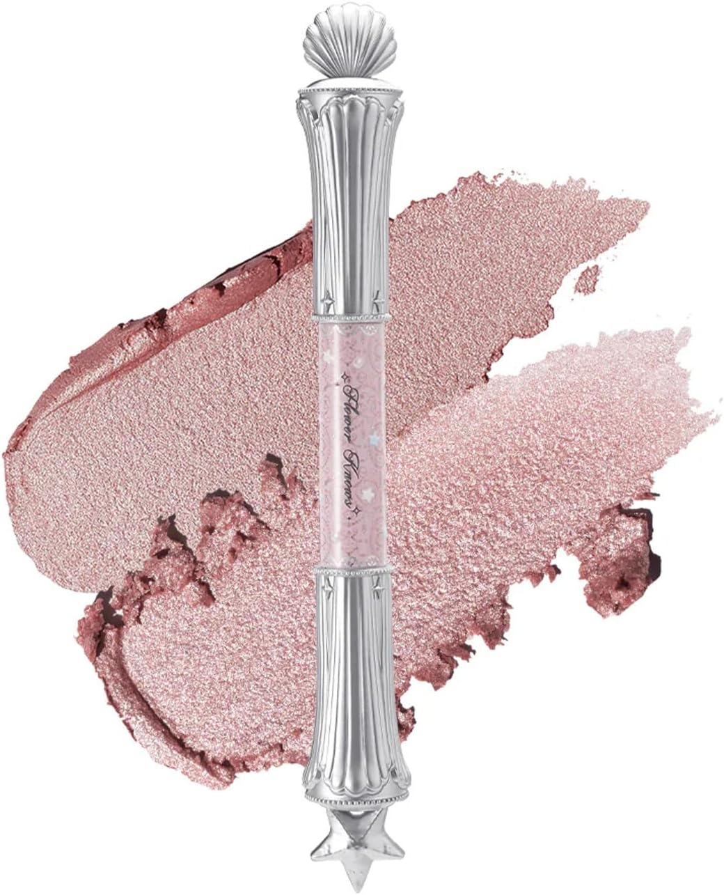 Flower Knows Shell's Jewel 2-in-1 Under Eye Highlighter Stick 02 Peachy Pink front view showing silver packaging.