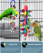 Bissap multicolored bird chew toys being interacted with by a small conure parrot showing durable construction.