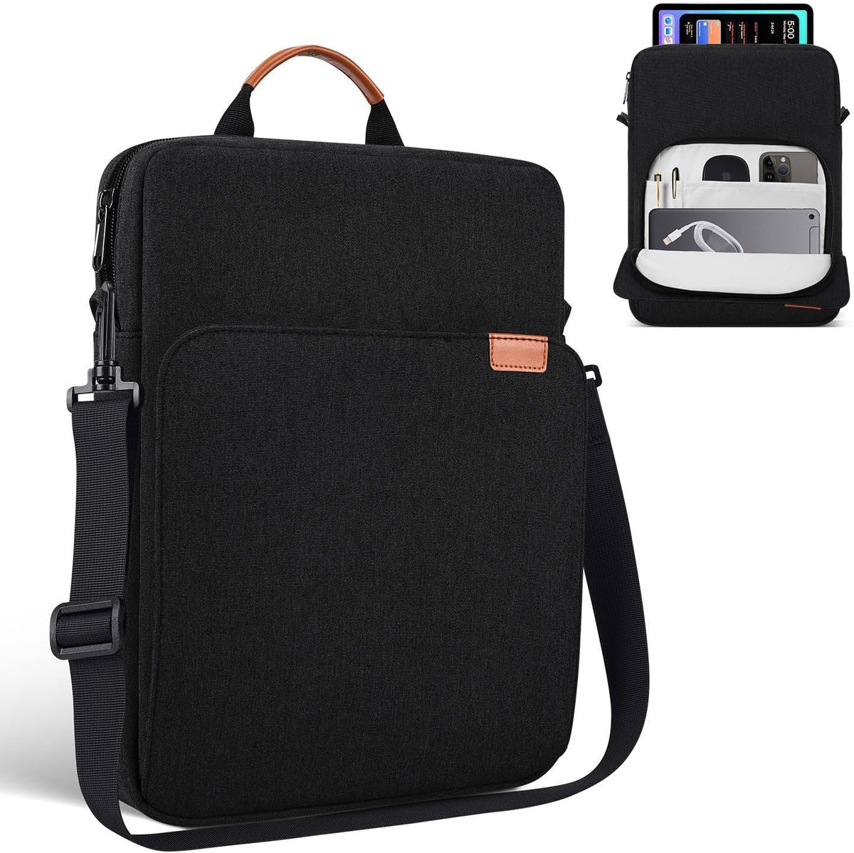 iKammo 13 inch iPad sleeve carrying bag in black showing front view with organizer pockets.