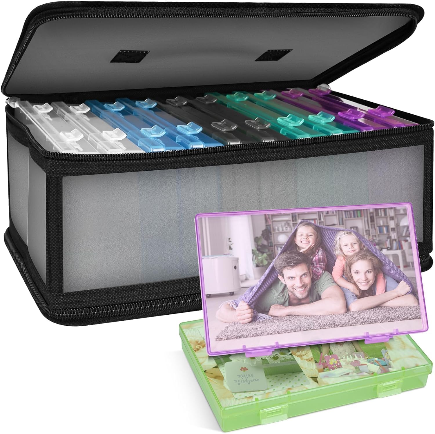 Bluedale photo storage box front view with colourful inner cases