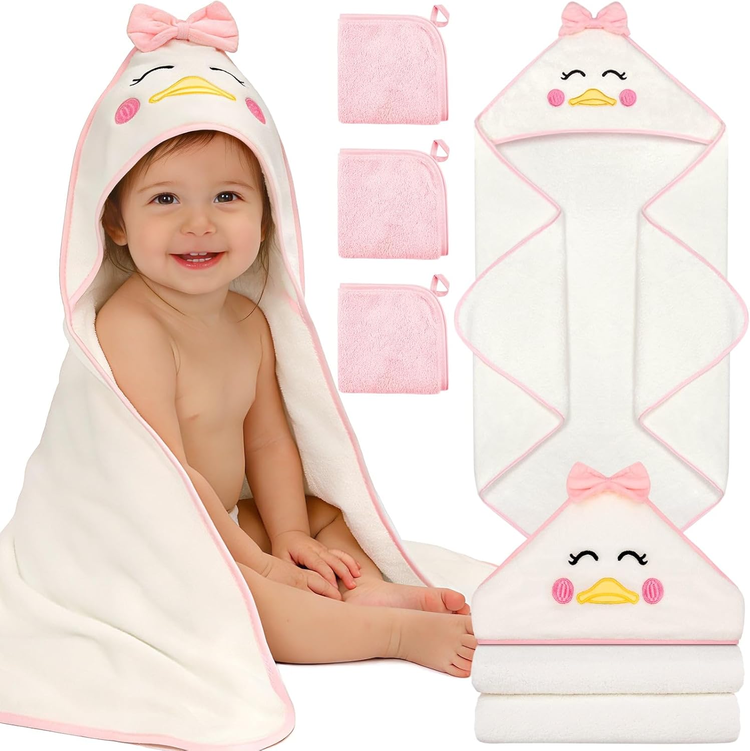 Flasoo 4-piece baby towel set with pink duck hooded towel front view