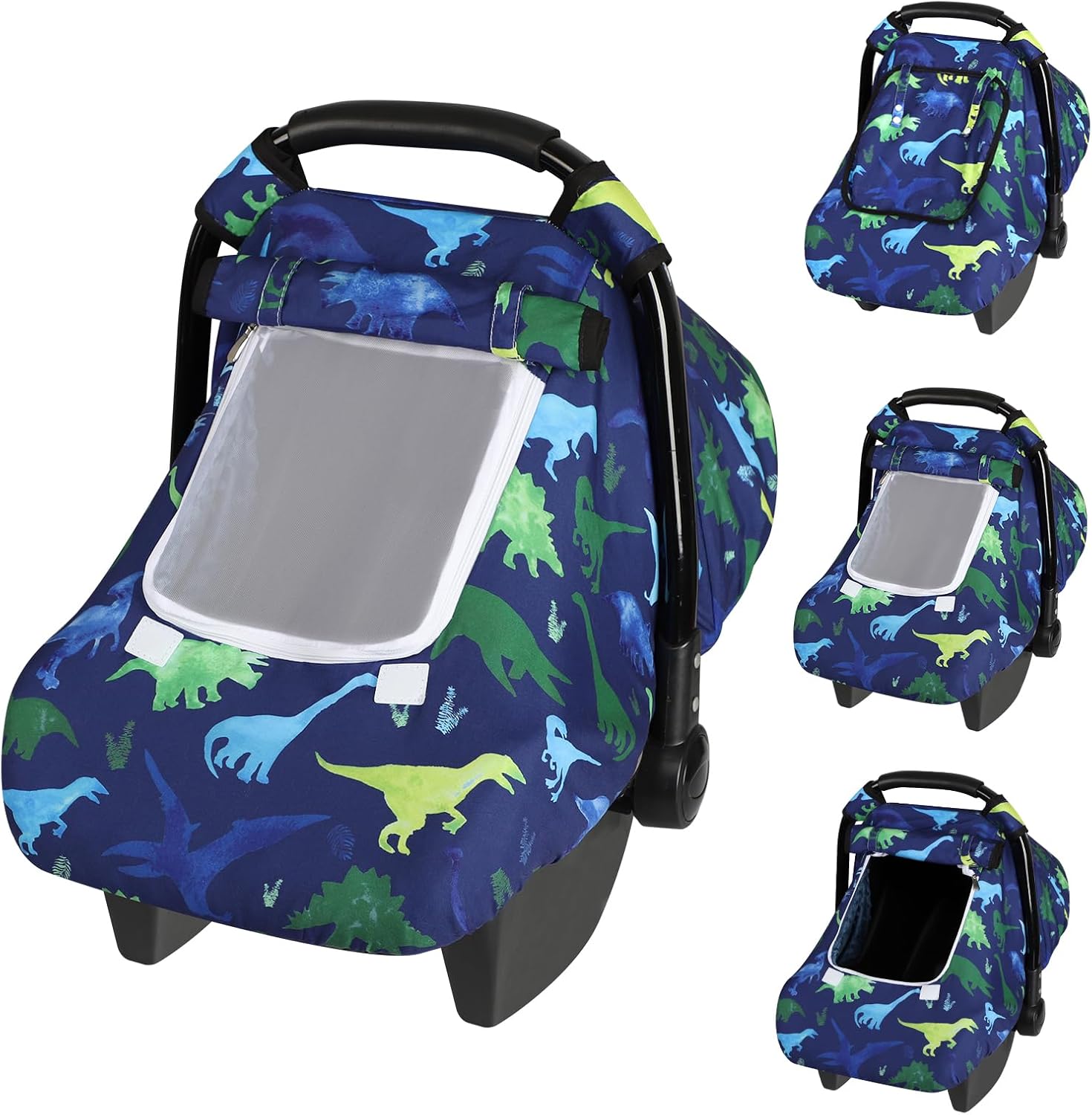 TANOFAR windproof baby car seat cover front view showing dinosaur print canopy.