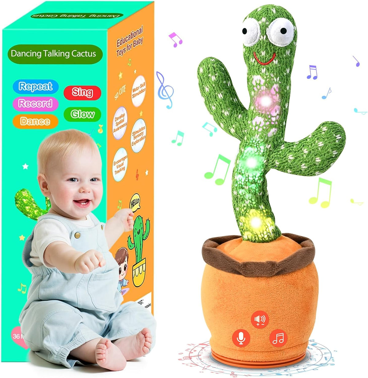 Sanjoin dancing talking cactus plush toy front view with LED lights