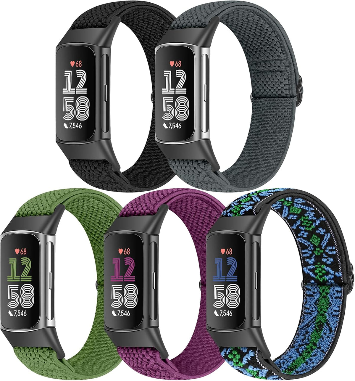Bcuckood 5 Pack Elastic Nylon Watch Bands Compatible for Fitbit Charge 6/Fitbit Charge 5, Adjustable Breathable Replacement Stretchy Nylon Loop Wristband Sport Strap for Women Men - Image 10