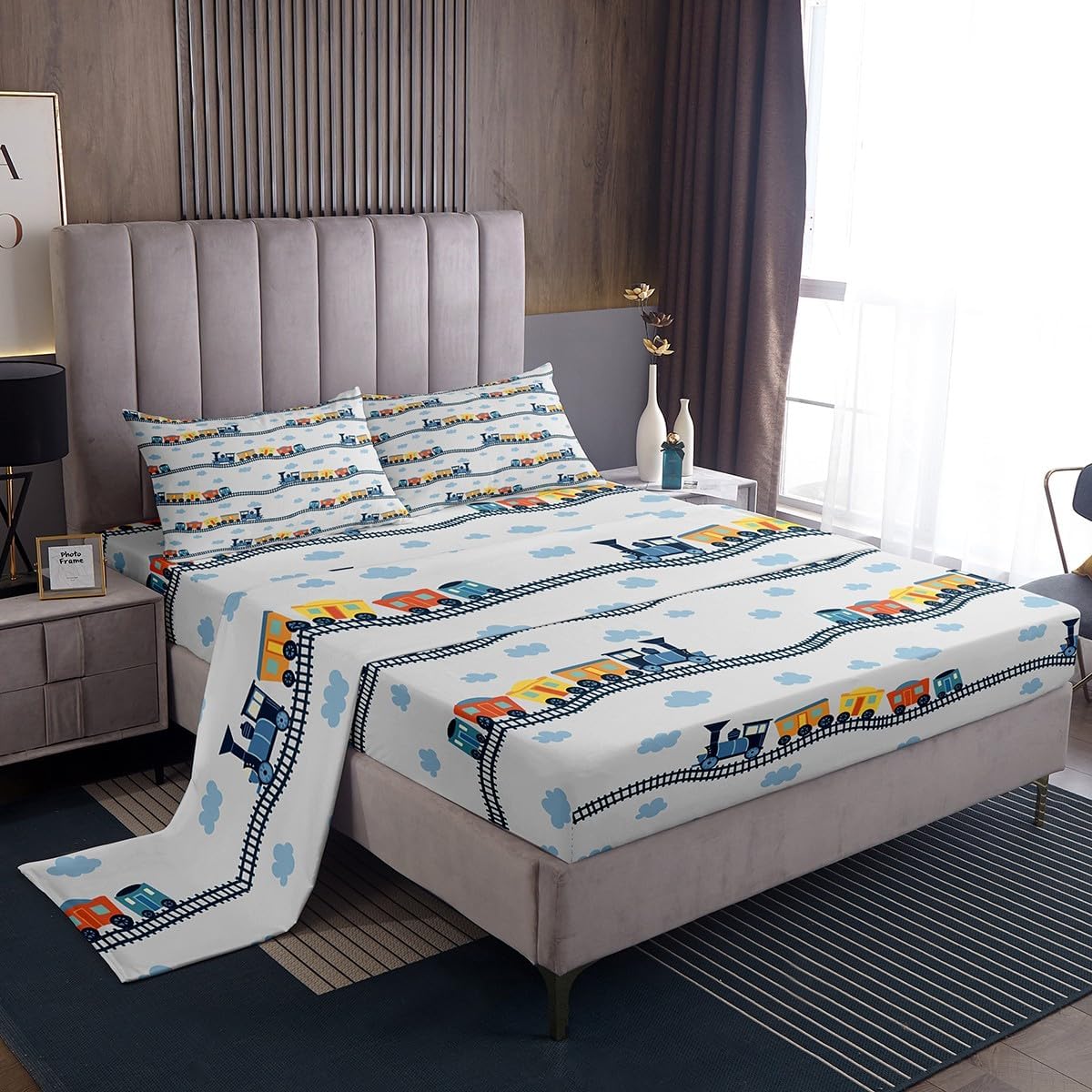 Erosebridal train locomotive theme twin bed sheet set front view