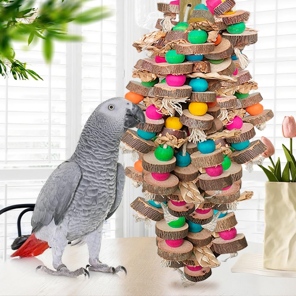 Multi color wooden beads and blocks parrot foraging toy