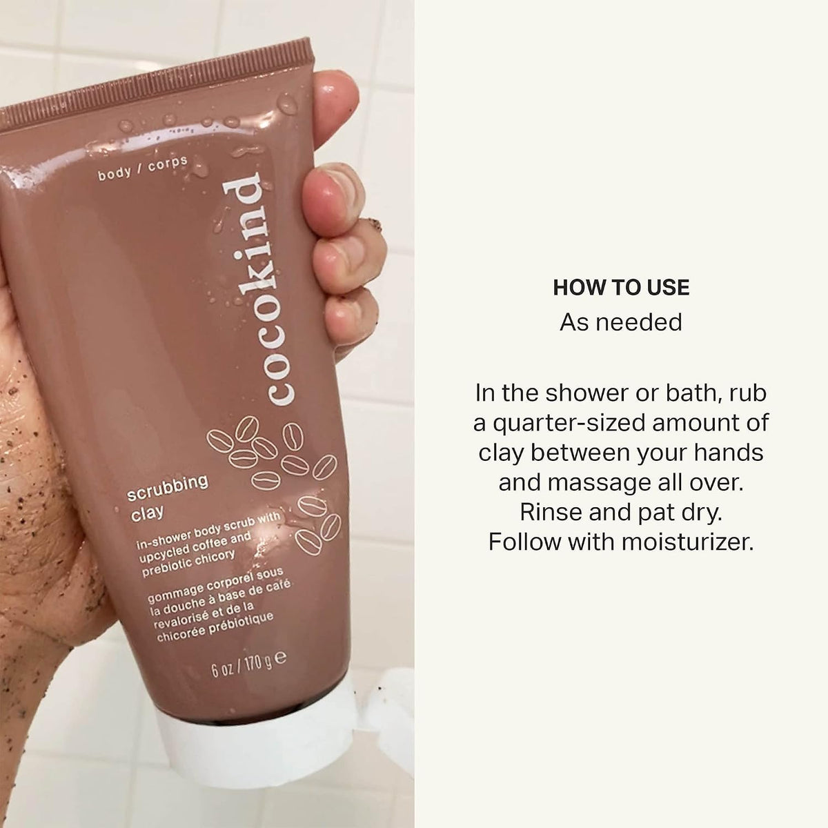 Cocokind 6 Ounce exfoliating body scrub bottle on a bathroom shelf.
