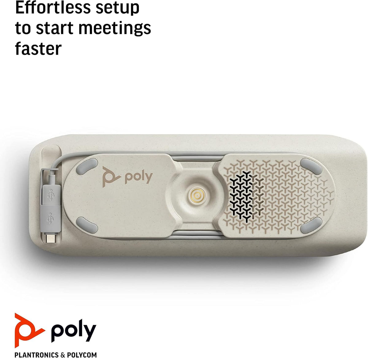Poly Sync 40 speakerphone angled view showing IP64 dust and water resistance design