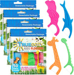 Trueocity Kids Dental Flossers 4 pack front view showcasing authentic animal shaped floss picks for children.