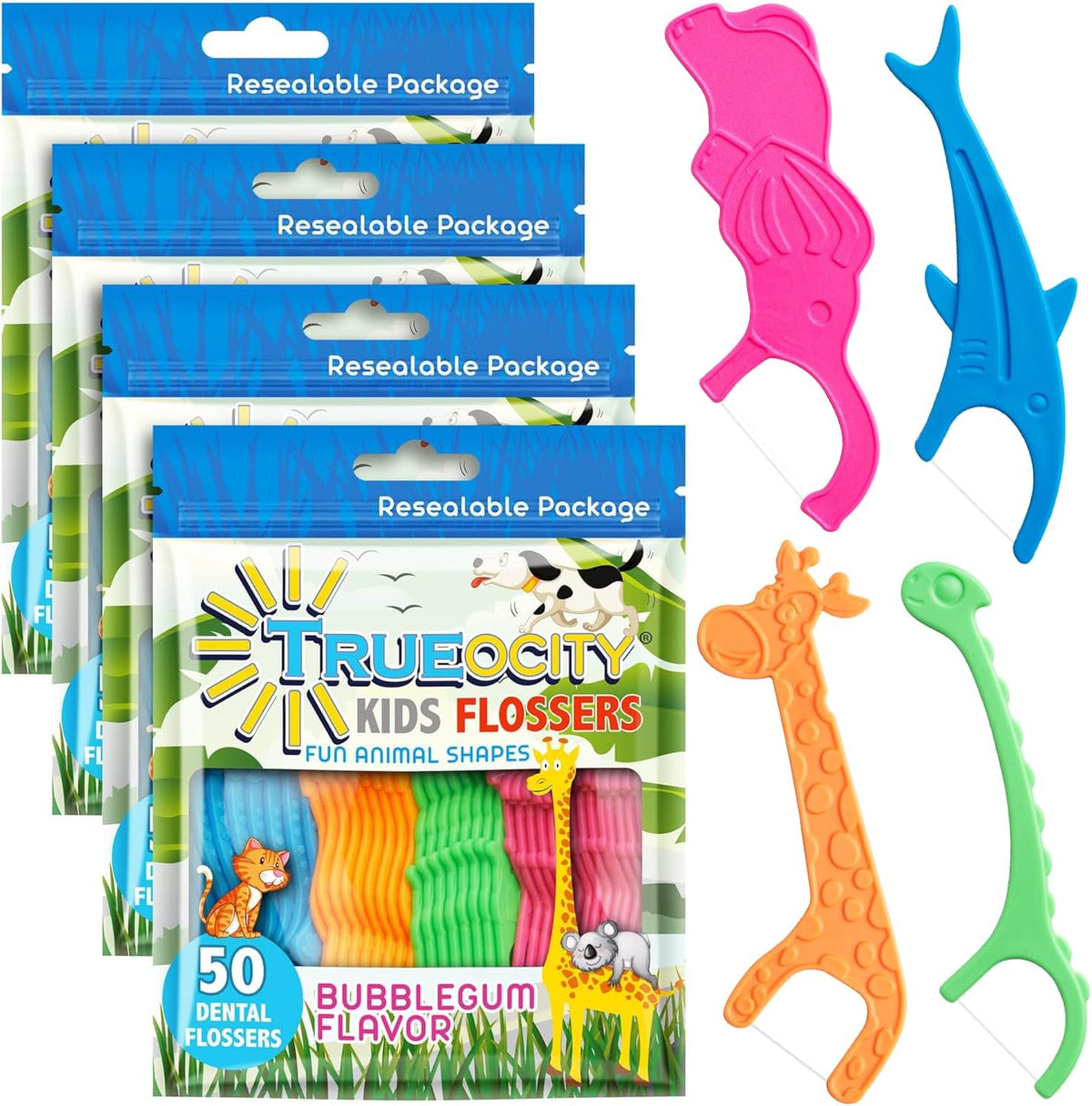 Trueocity Kids Dental Flossers 4 pack front view showcasing authentic animal shaped floss picks for children.