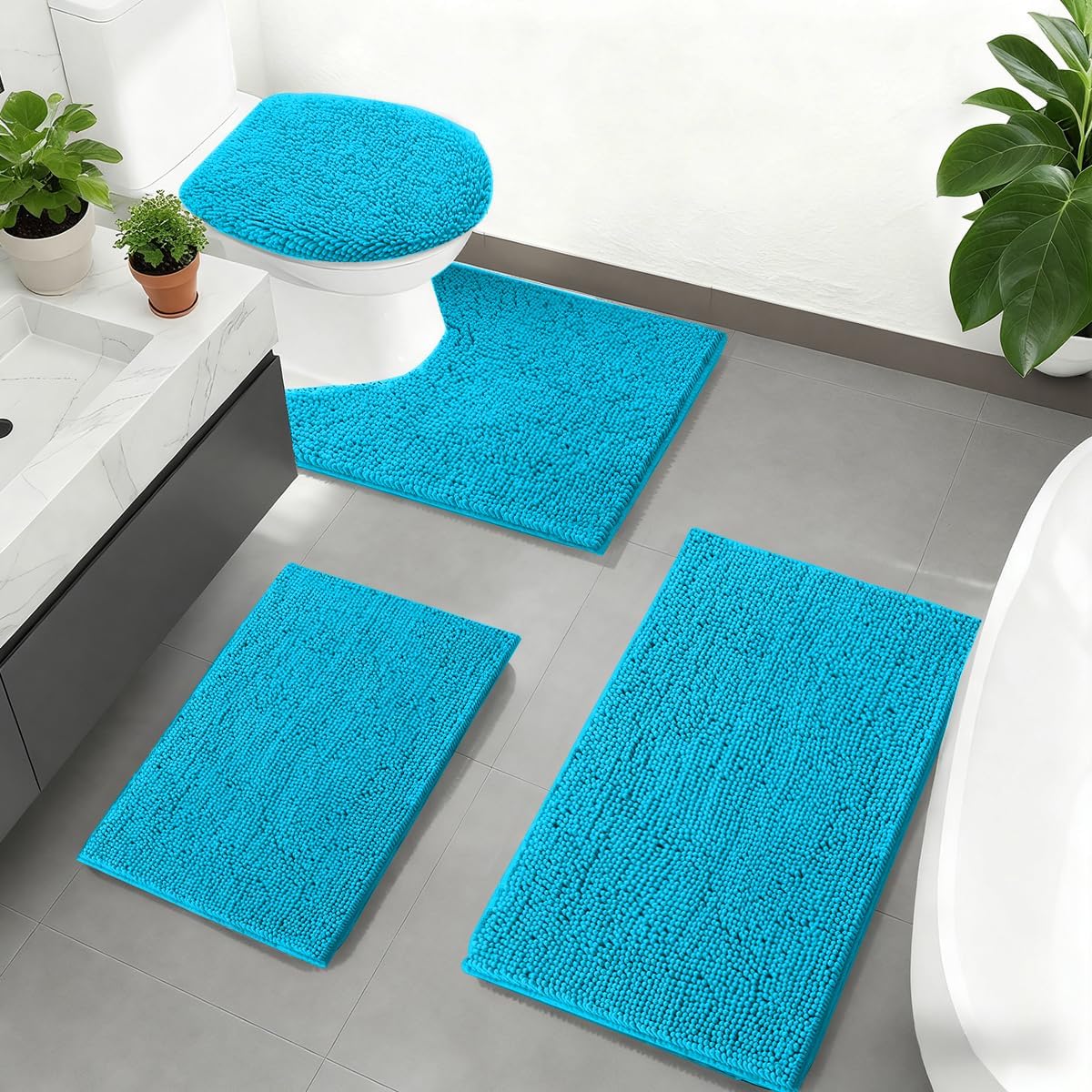 RUN HELIX teal bathroom rug set 4 piece front view displaying complete layout on tile floor