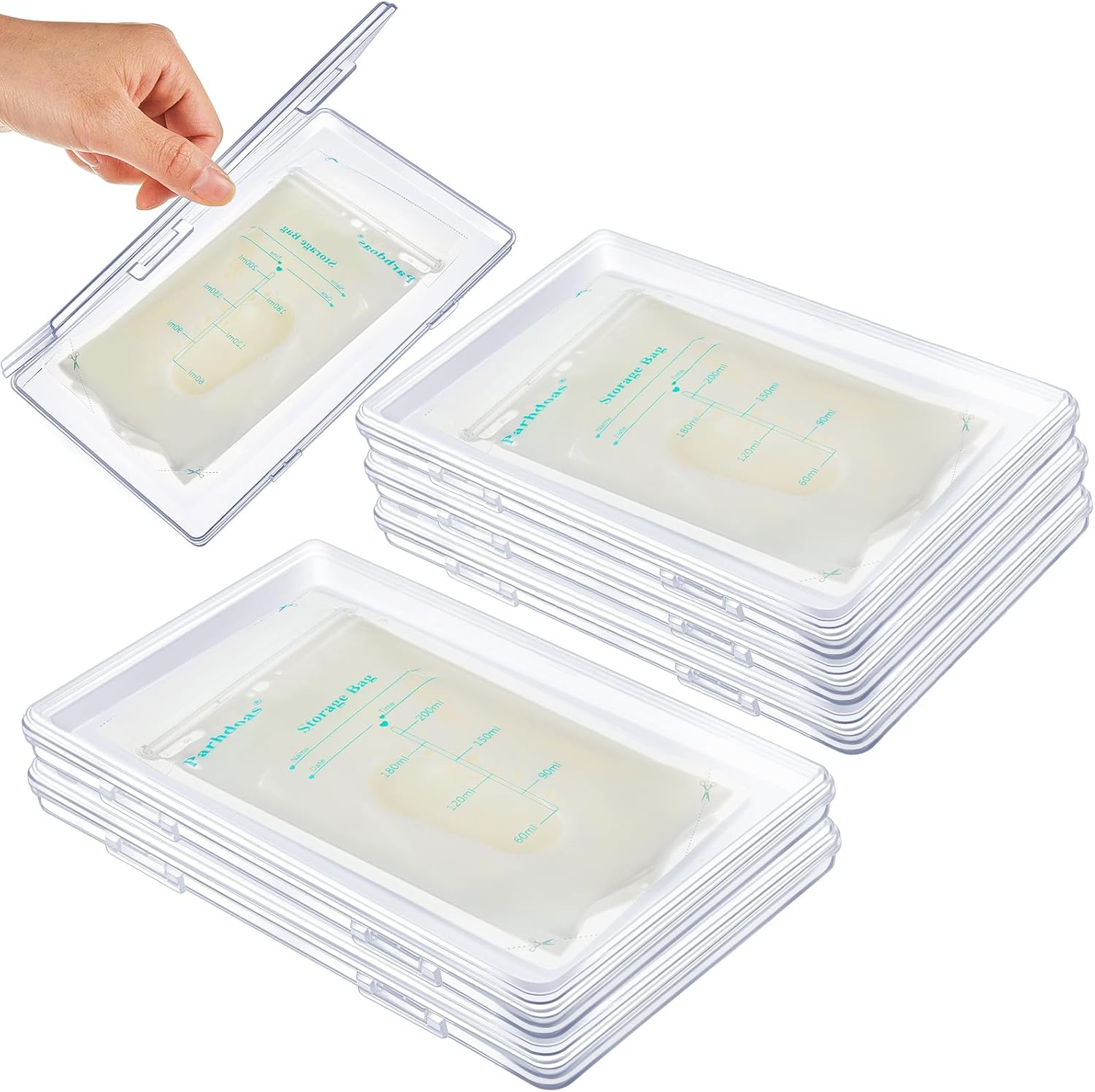 Hushee 6 piece clear flat breast milk freezer storage organizer front view