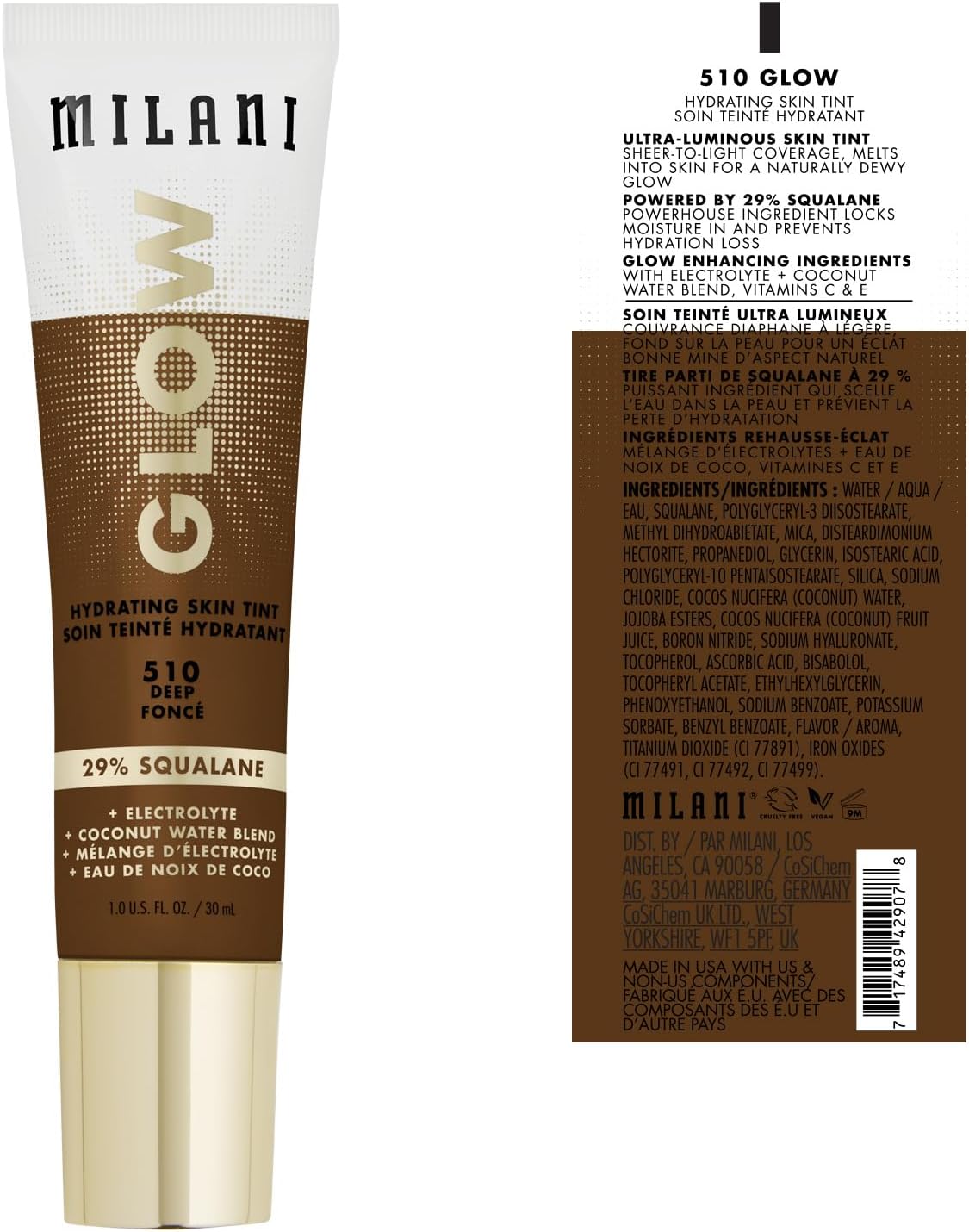 Milani Glow Hydrating Skin Tint applicator and packaging details