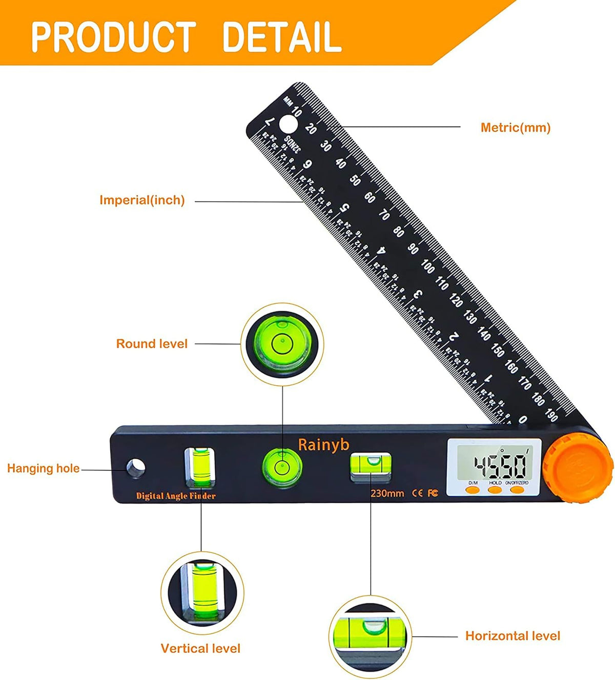 Rainyb digital angle finder showing LED display screen