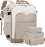 LOVEVOOK Large Travel Backpack for Women front view in beige and white colorway showing gold-tone hardware