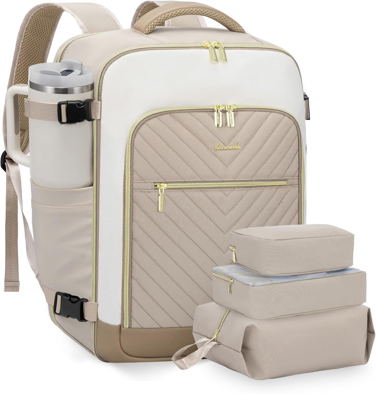 LOVEVOOK Large Travel Backpack for Women front view in beige and white colorway showing gold-tone hardware