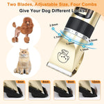 Rechargeable pet hair trimmer kit displayed with its four length-adjusting guide combs, nail clipper, file, and flat comb accessories.