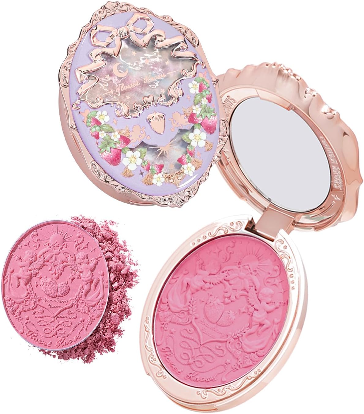 Flower Knows Strawberry Rococo Embossed Blush front view of vintage compact