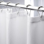 AmazerBath heavy duty fabric waffle shower curtain white front view hanging in bathroom
