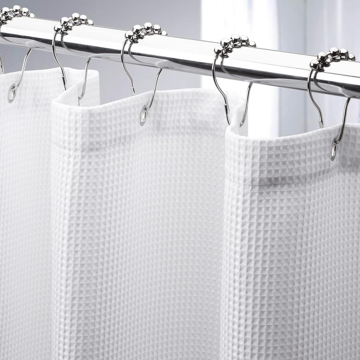 AmazerBath heavy duty fabric waffle shower curtain white front view hanging in bathroom