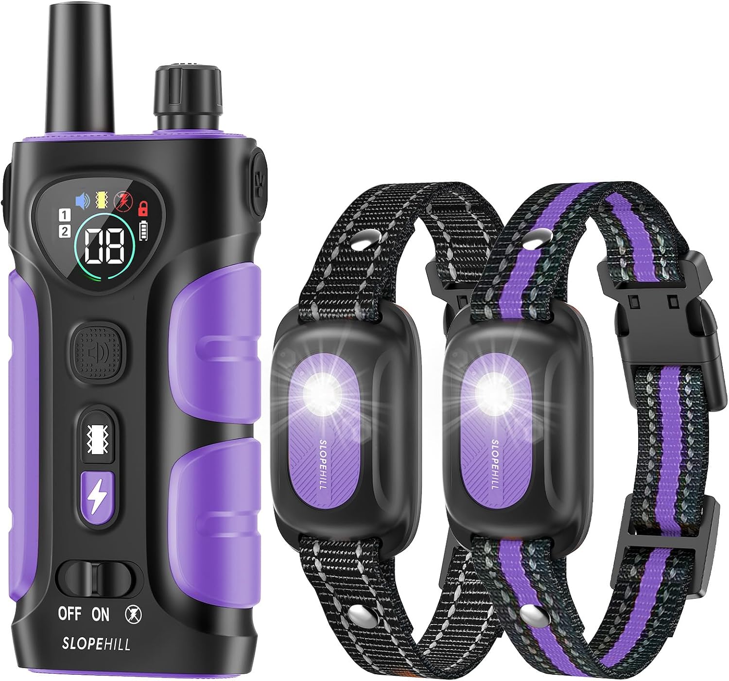 Slopehill dog shock collar front view showing the purple training collar and digital remote transmitter.