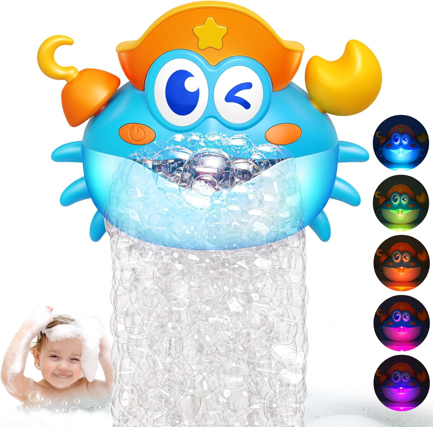 Puidapo crab baby bath bubble machine front view showing bright red design on bathroom tile
