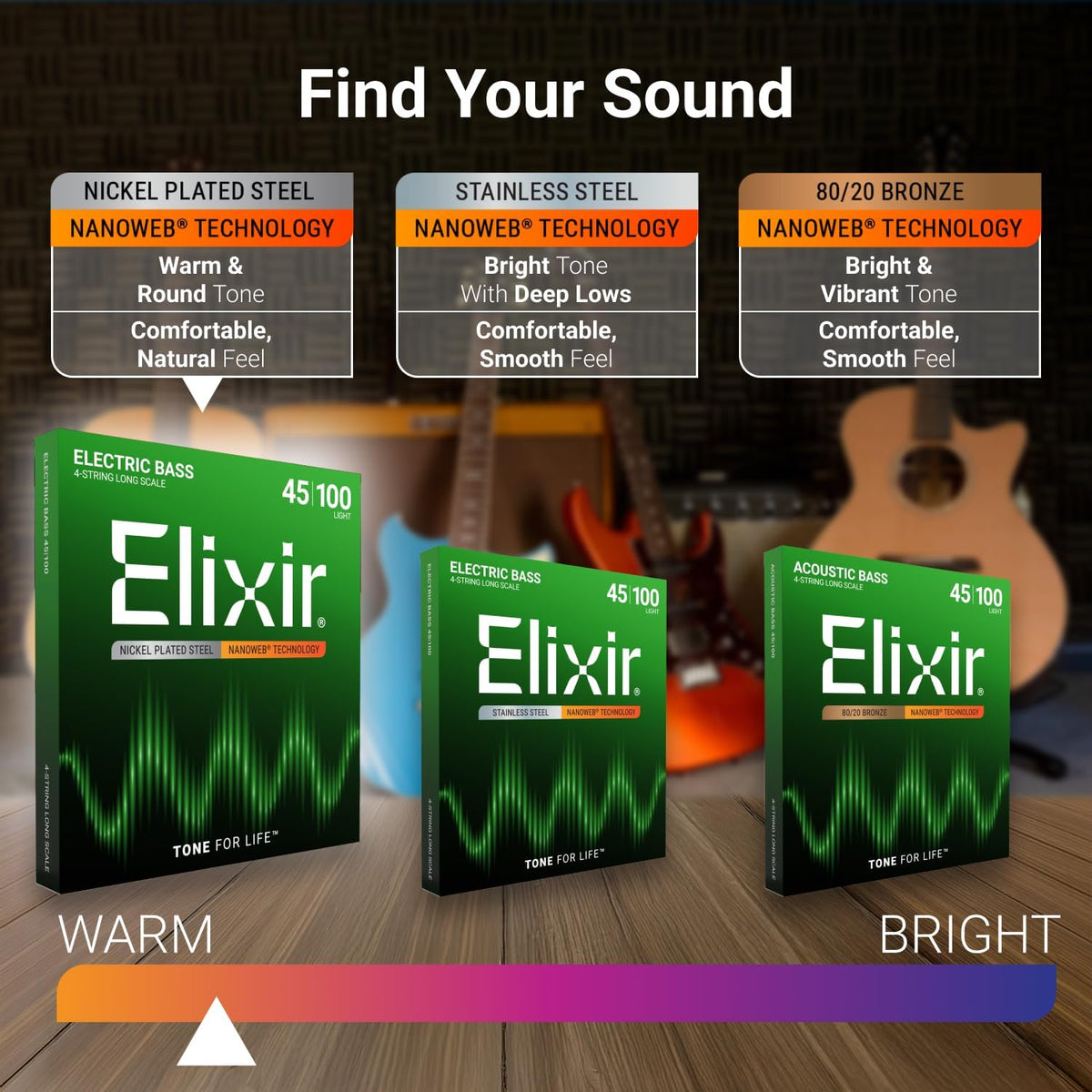 Elixir long scale 5-string bass guitar string set layout