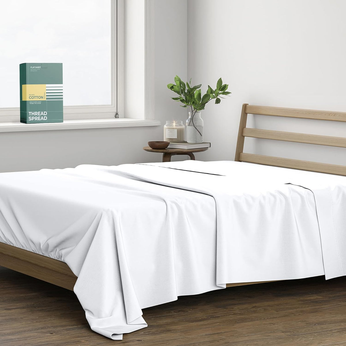 Thread Spread organic cotton percale flat sheet king white front view on luxury mattress