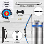 Close up of blue limb recurve bow riser and grip
