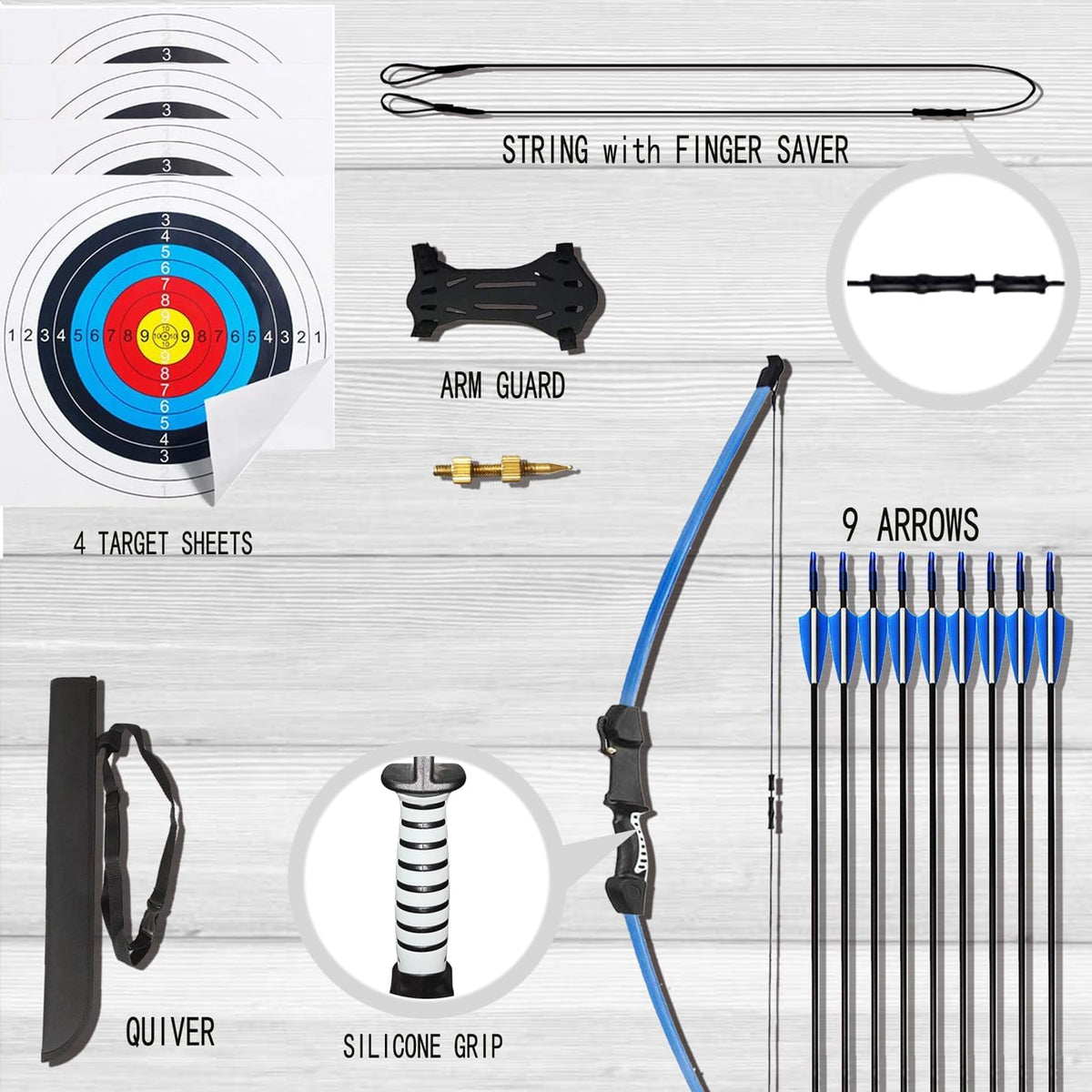 Close up of blue limb recurve bow riser and grip