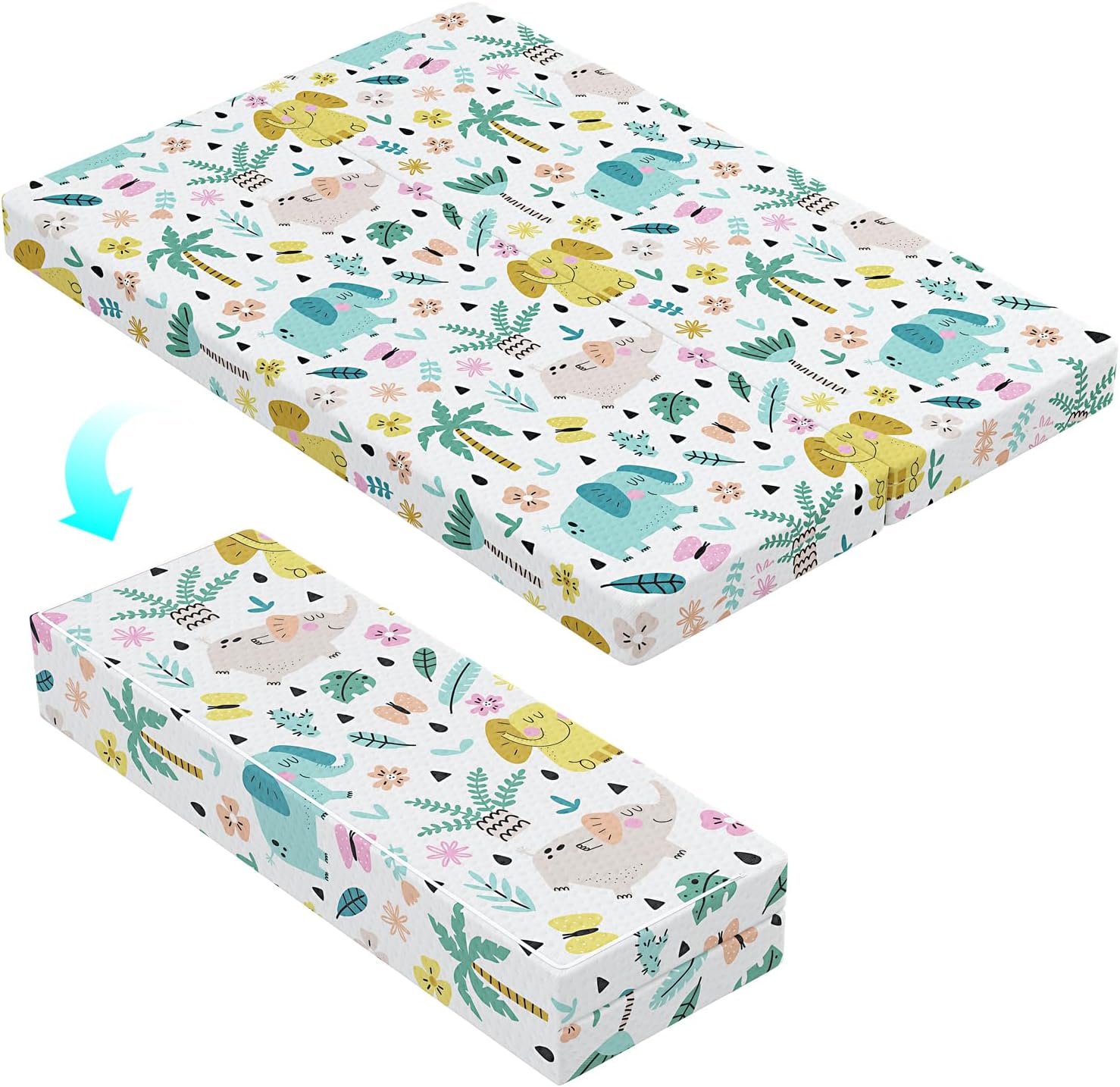 Moonlight Family foldable pack and play mattress elephant pattern front view