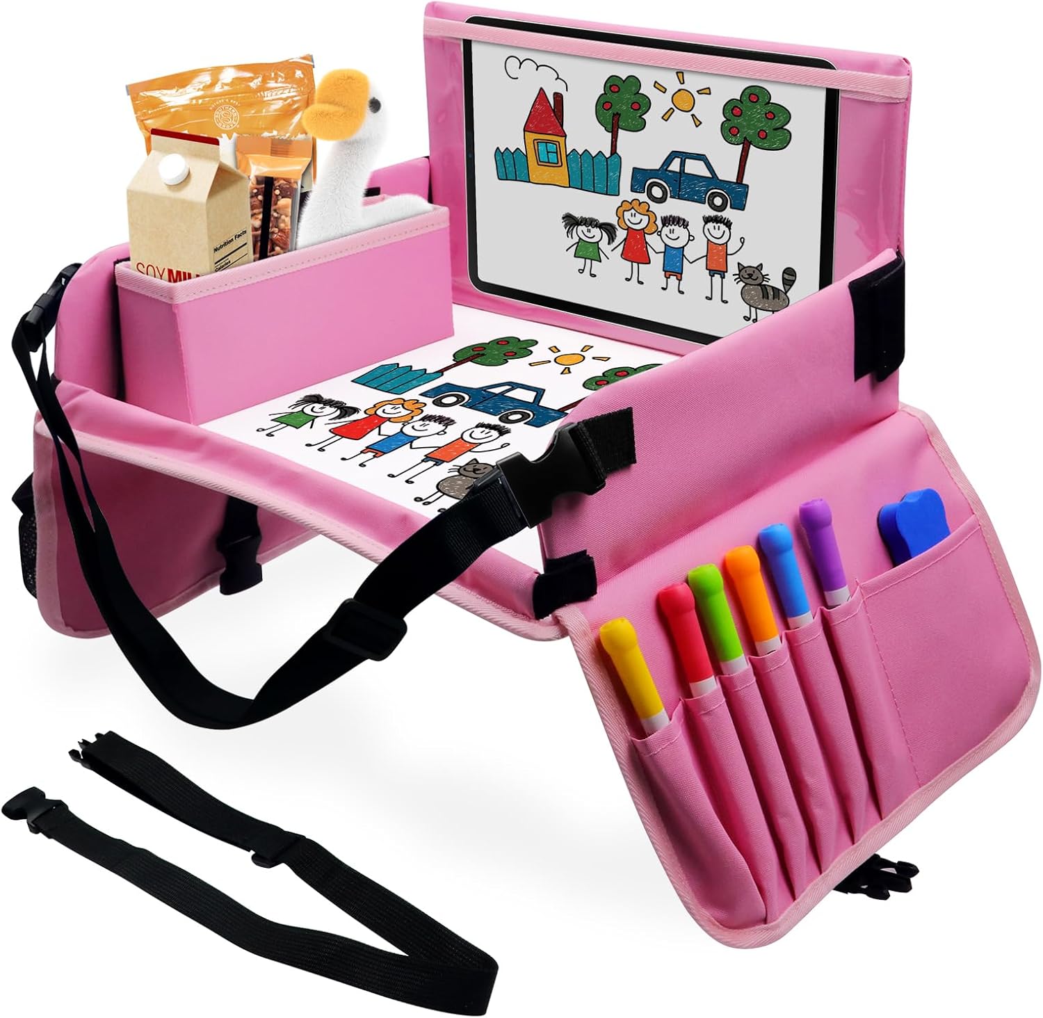 Julaiwy pink kids car seat travel tray front view showing dry erase board surface and cup holder