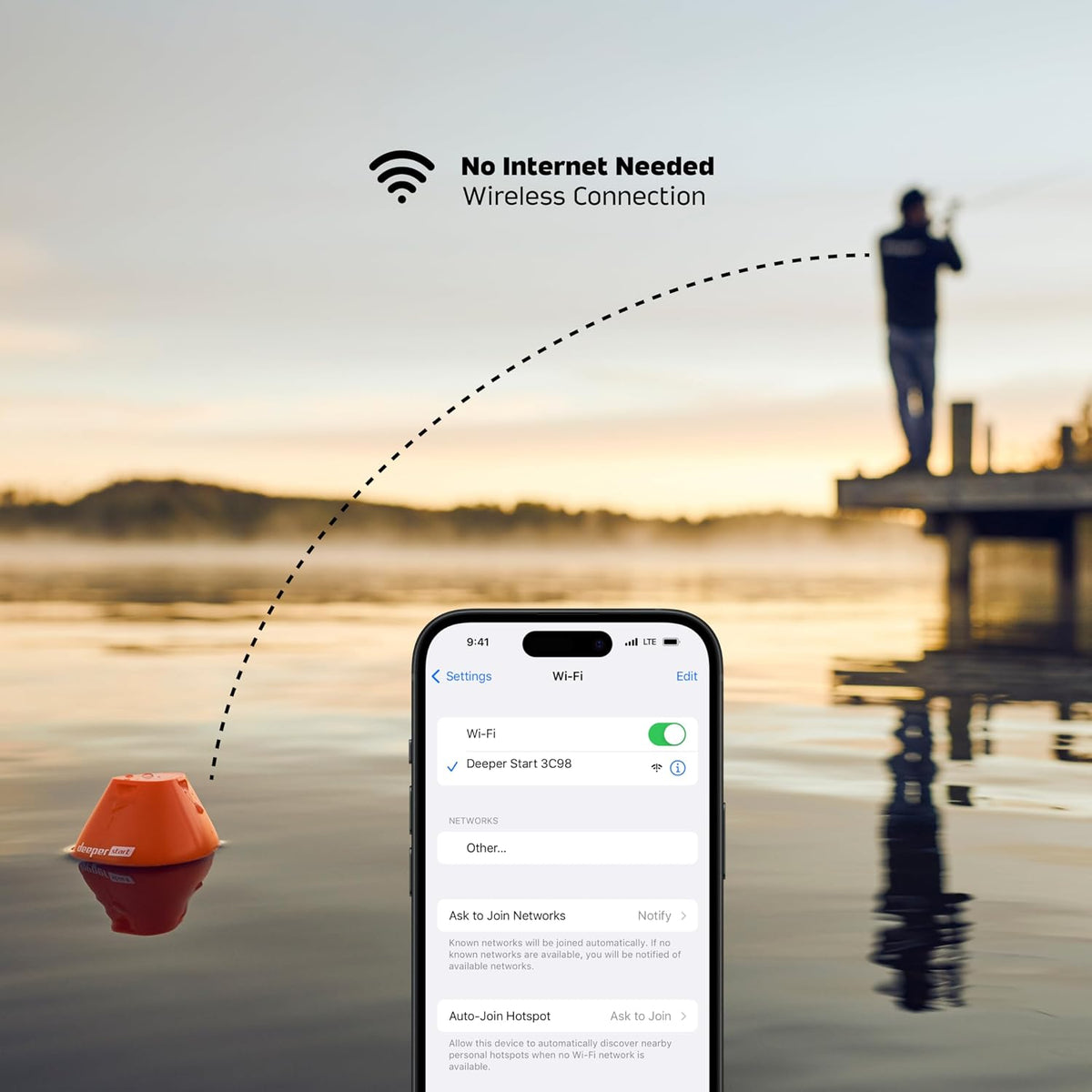 Deeper Start smart fish finder packaged with charging accessory and clip