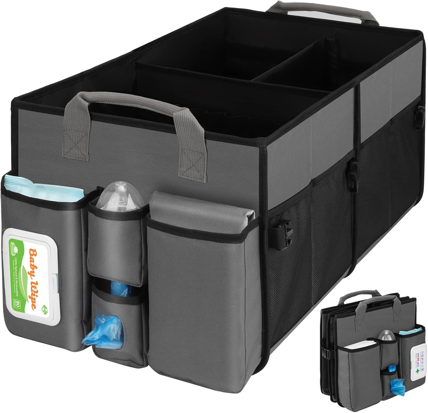Orient Famulay collapsible trunk organizer and diaper changing station front view showing gray oxford fabric structure.