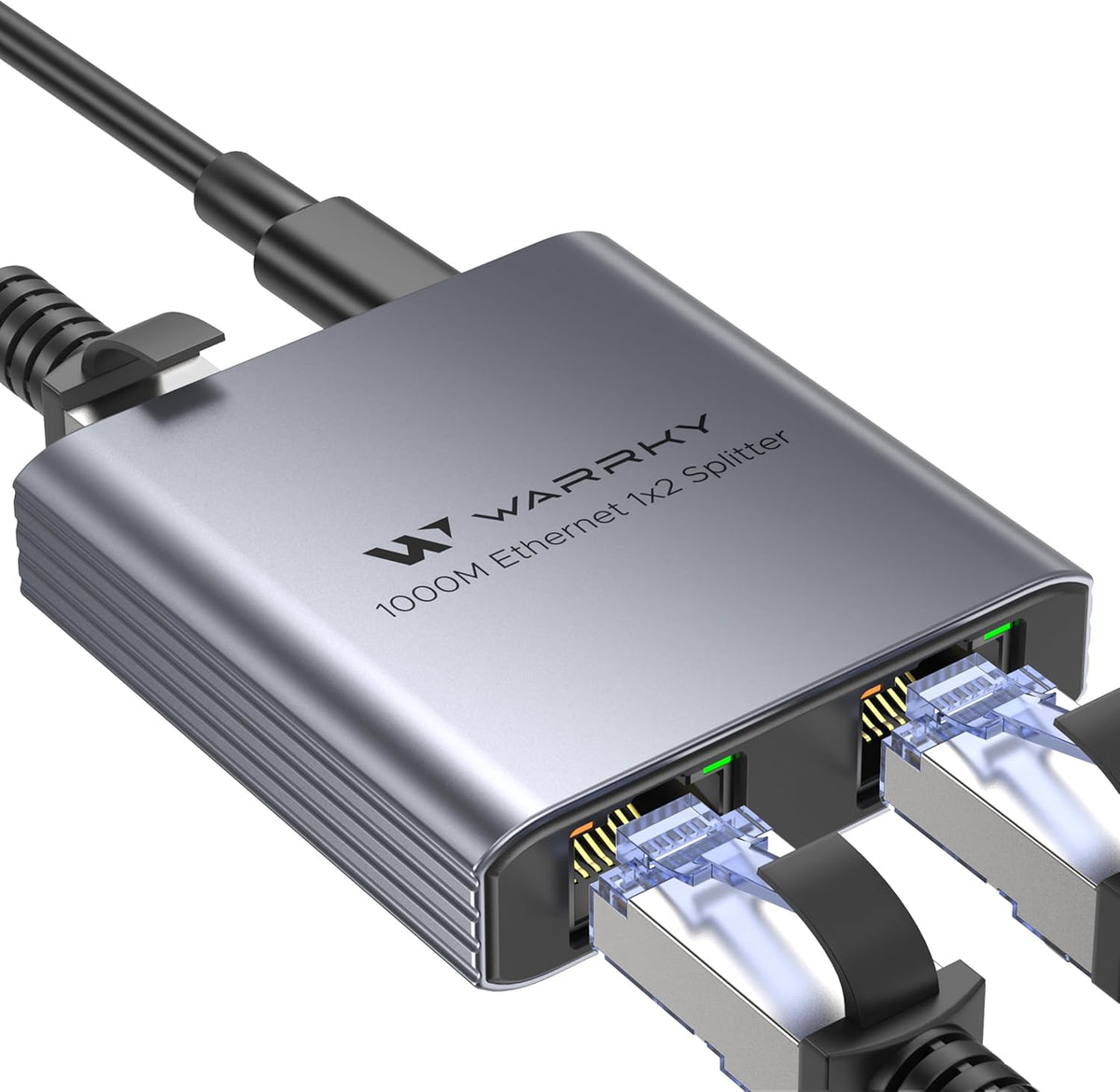 Warrky Ethernet Splitter front view of ultra slim aluminum case dual port gigabit switch