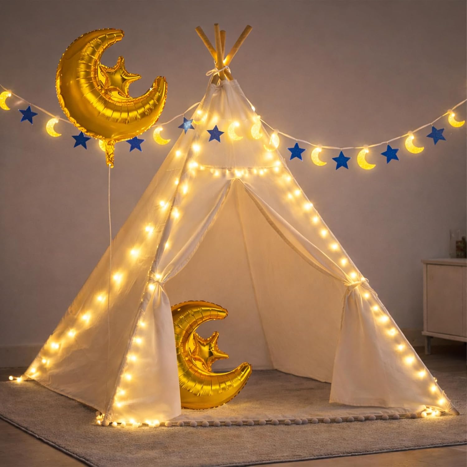Cinrobiye Ramadan Eid Mosque Teepee Tent set up as a kids prayer corner in a living room front view.