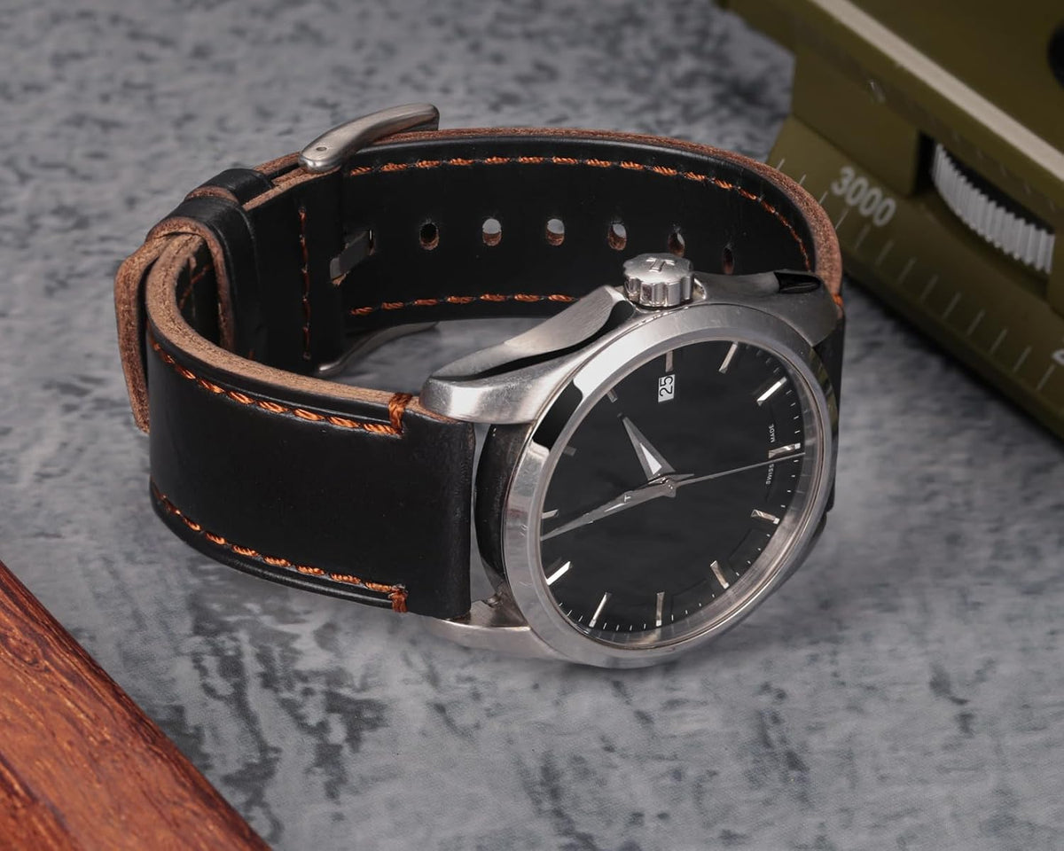 Hemsut H Horween leather watch strap showing quick release pin mechanism.