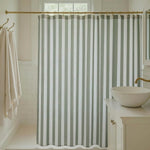 KIBAGA striped boho shower curtain front view hanging in a bright modern farmhouse bathroom
