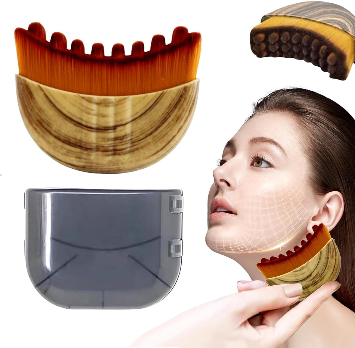 Sprsum Lymphatic Contour Face Brush front view with soft bristles and its portable travel case.