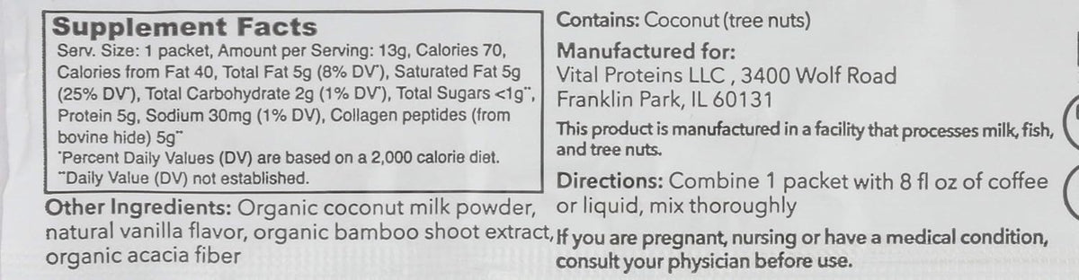 Vital Proteins Vanilla Collagen Creamer nutrition facts panel