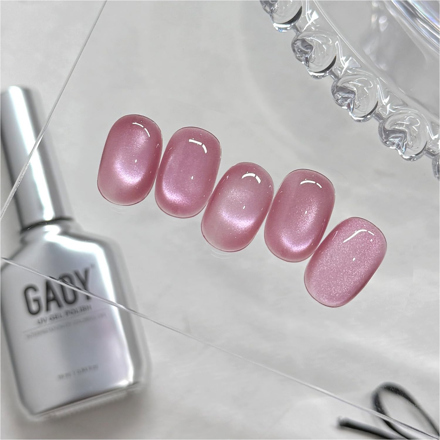 GAOY Pink Glassy Cat Eye Gel Nail Polish, 16ml Glitter Holographic Nail Polish with Magnet, Reflective Translucent UV Gel, 3304 Misty Orchid - Image 1