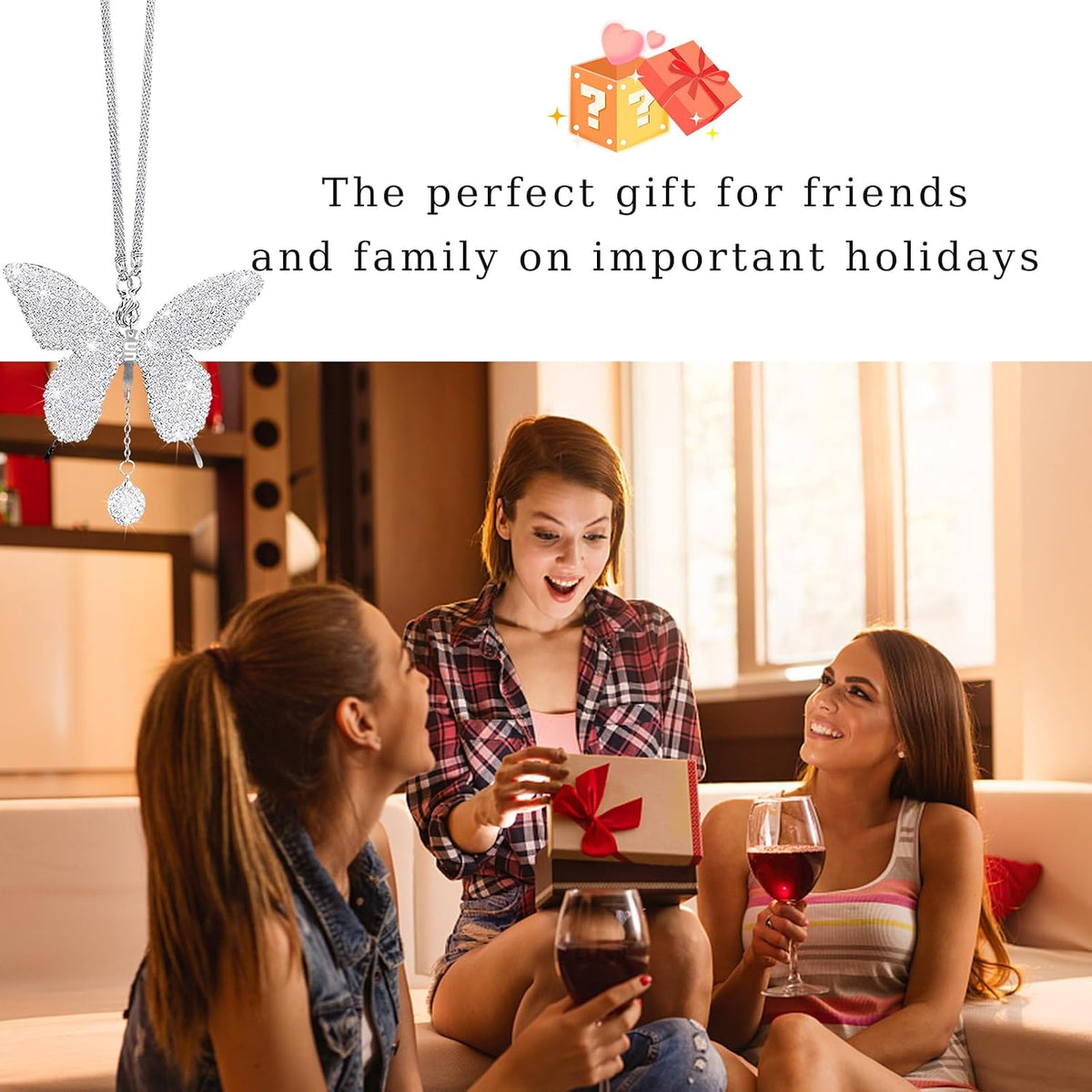 Dickno butterfly car charm showing crystal ball accent reflection