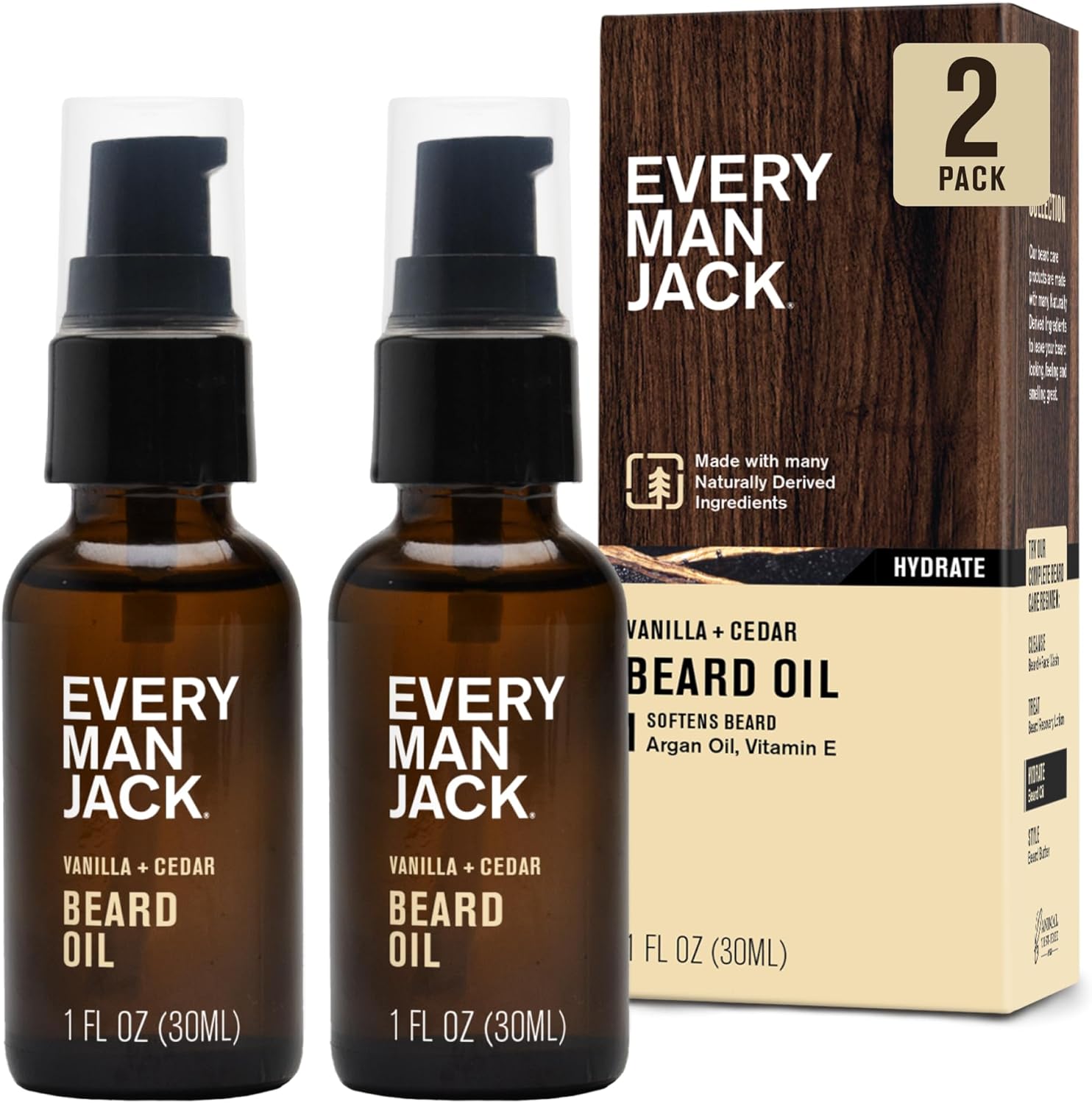 Every Man Jack Mens Beard Oil Vanilla and Cedar 2 Pack front view premium men grooming products