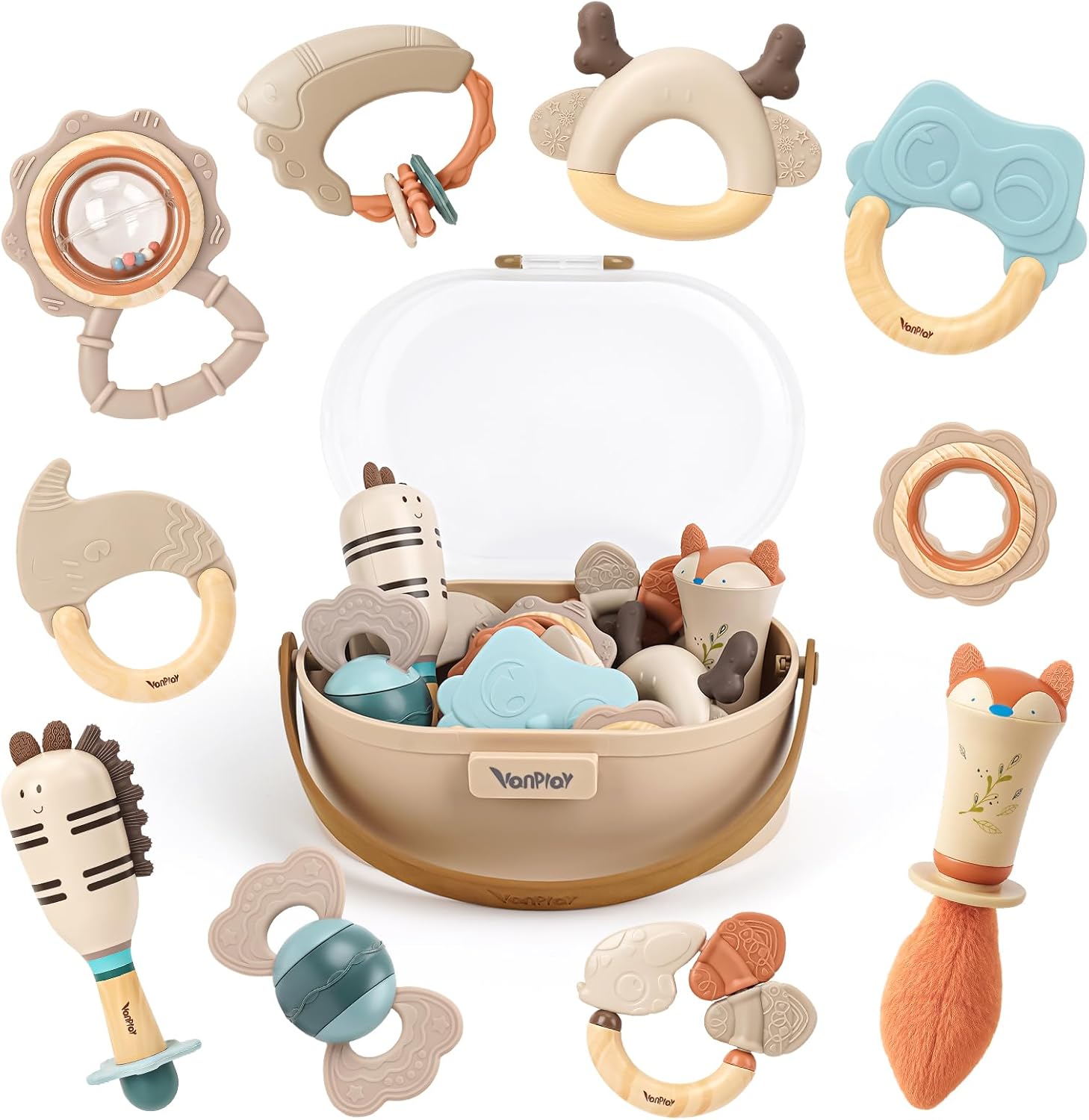 Vanplay baby rattles and teethers set front view of ten-pack sensory toys in storage box