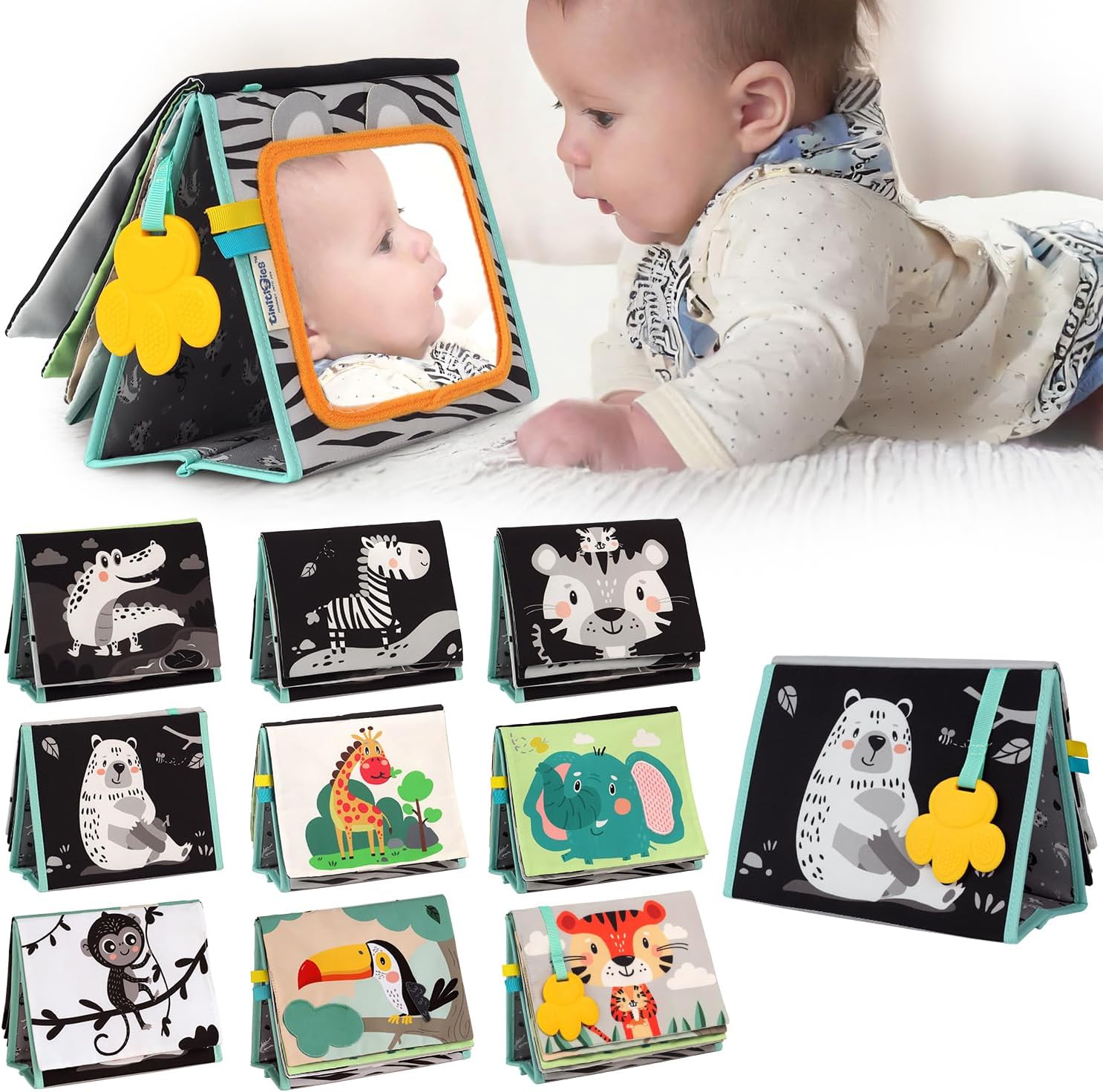 TINITIGIES Tummy Time Mirror for Babies front view showing high contrast black and white animal patterns.